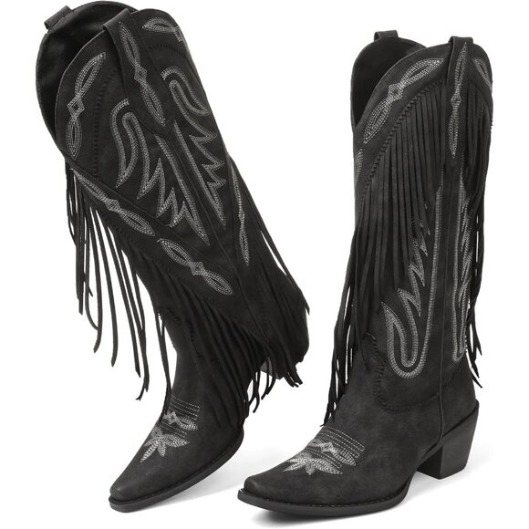 ⚡Women Black Faux Suede Pointed Toe Pull On Chunky Heel Calf Western Boots - Picture 1 of 7